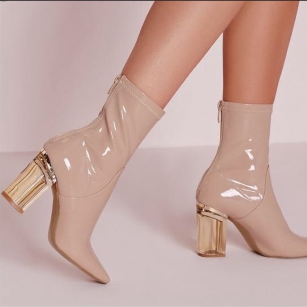 Nude Lucite heel Ankle sock look Booties
